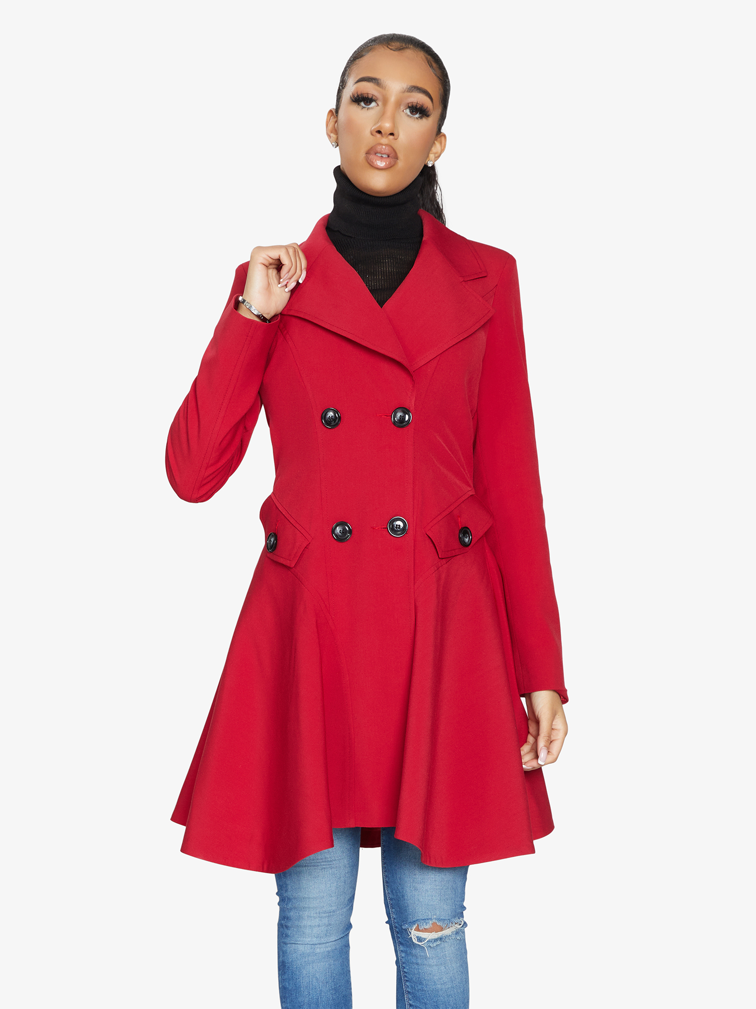 Rose Eleusis double-breasted skater coat in spring/summer style, shown in a light fabric with a classic collar and button details.