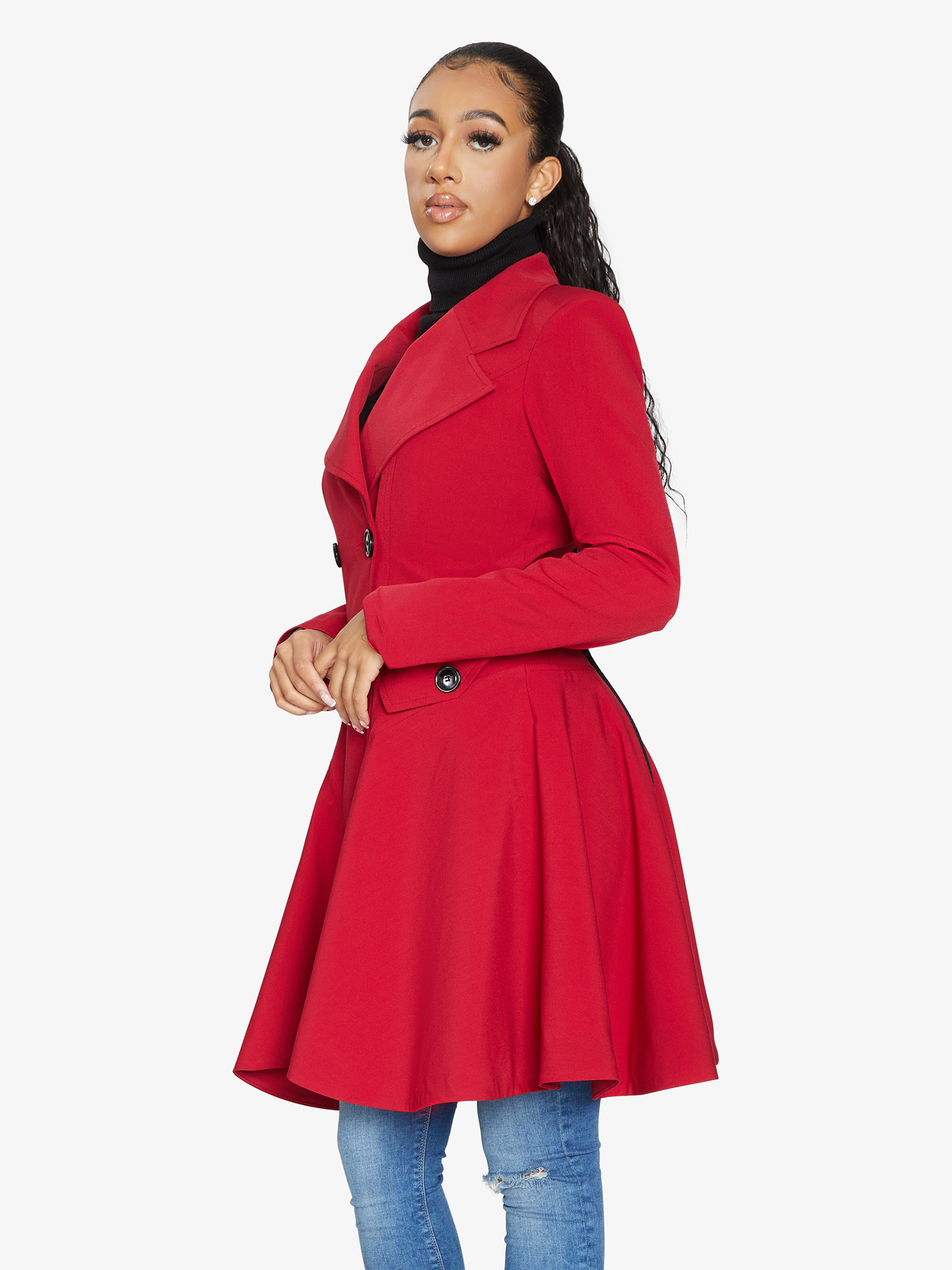 Rose Eleusis spring/summer double-breasted skater coat in lightweight fabric, shown in a stylish, fitted design.