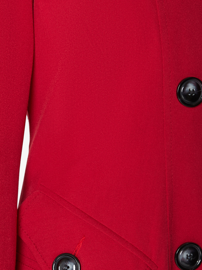 Rose Eleusis spring/summer double-breasted skater coat in light fabric, shown on a hanger with button details and collar.