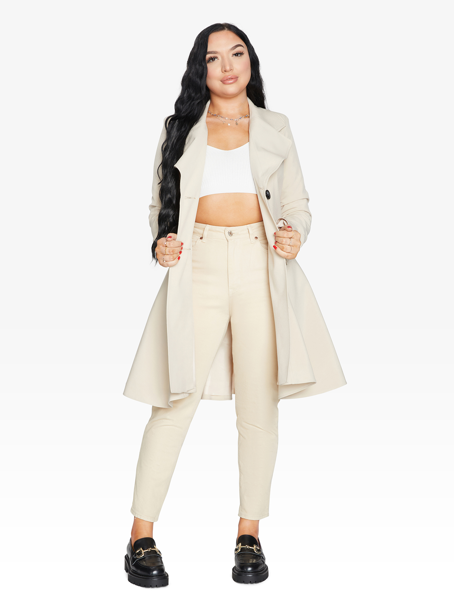 Rose Eleusis double-breasted skater coat for spring and summer in stone color, stylish jacket with lapel collar and button details.