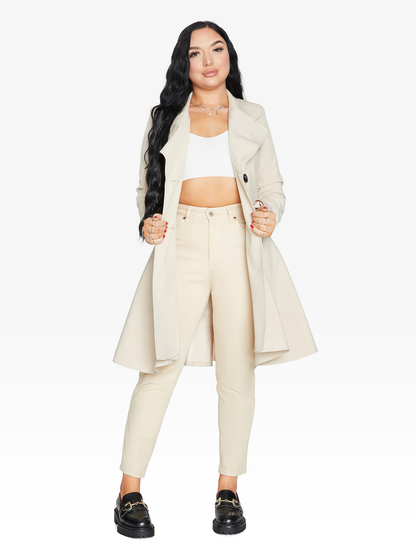 Rose Eleusis double-breasted skater coat for spring and summer in stone color, stylish jacket with lapel collar and button details.