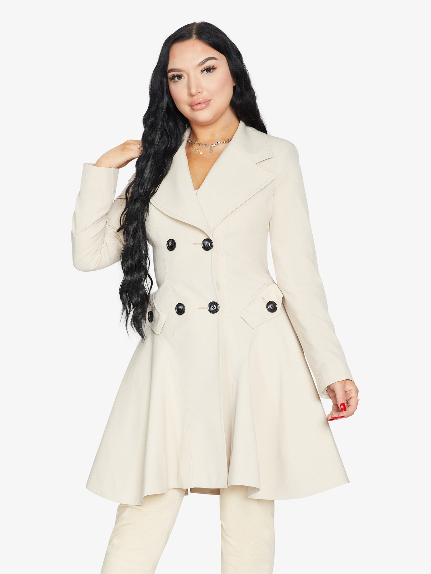Rose Eleusis double-breasted skater coat in light stone fabric, perfect for spring and summer seasons.