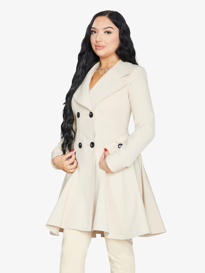 Rose Eleusis double-breasted skater coat in stone color, spring/summer jacket with classic lapel and tailored fit.