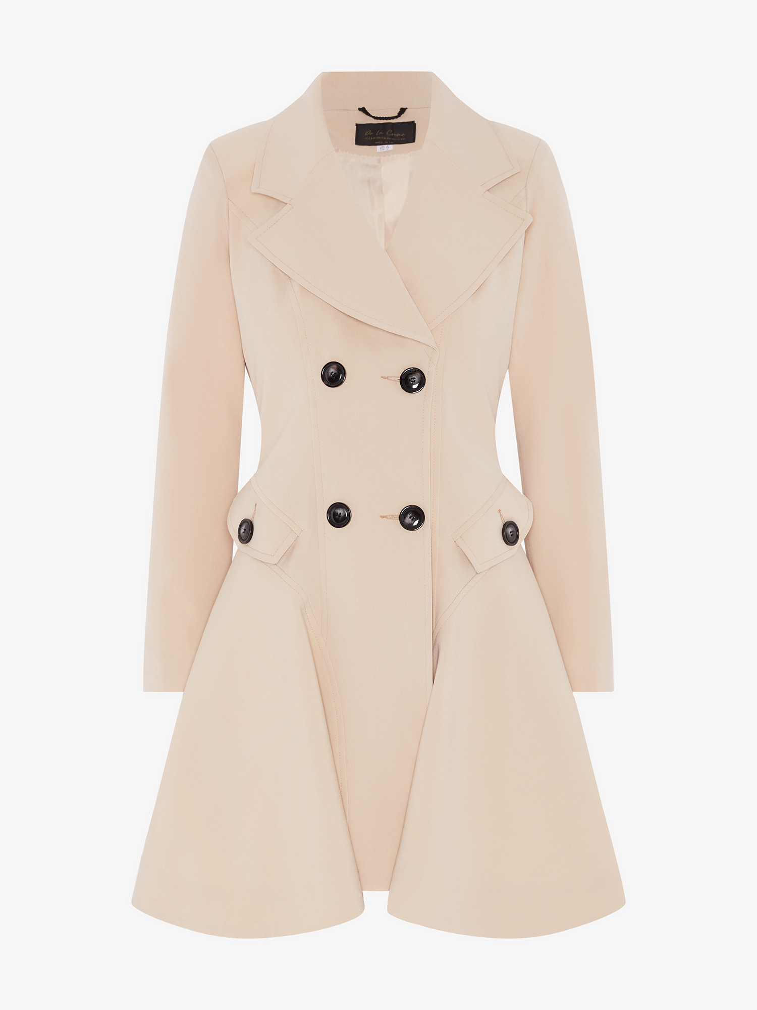 Rose Eleusis double-breasted skater coat in stone ghost color, perfect for spring and summer, displayed on a hanger.