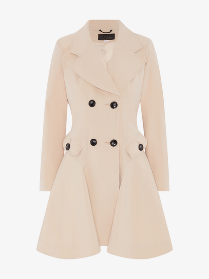 Rose Eleusis double-breasted skater coat in stone ghost color, perfect for spring and summer, displayed on a hanger.
