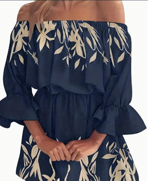 Pear Daisy boho leaf graphic print off-shoulder dress with ruffles and open back, perfect for stylish summer wear.