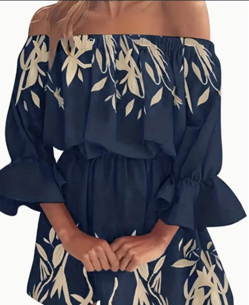 Pear Daisy Boho leaf graphic print off shoulder dress with ruffles and backless design, perfect for stylish summer looks.