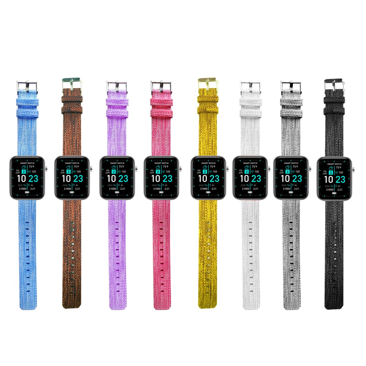 Salmon Lucky advanced smartwatch with three interchangeable bands and wellness activity tracker display on a sleek tech accessory.