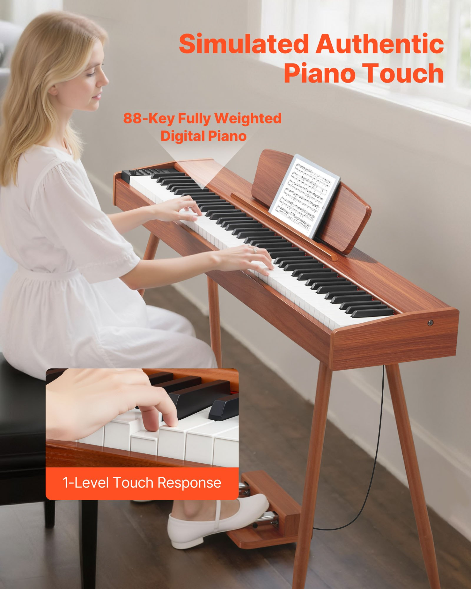 Start2Finish VEVOR digital piano with 88 fully weighted keys, sheet music stand, triple pedal, and wood finish.
