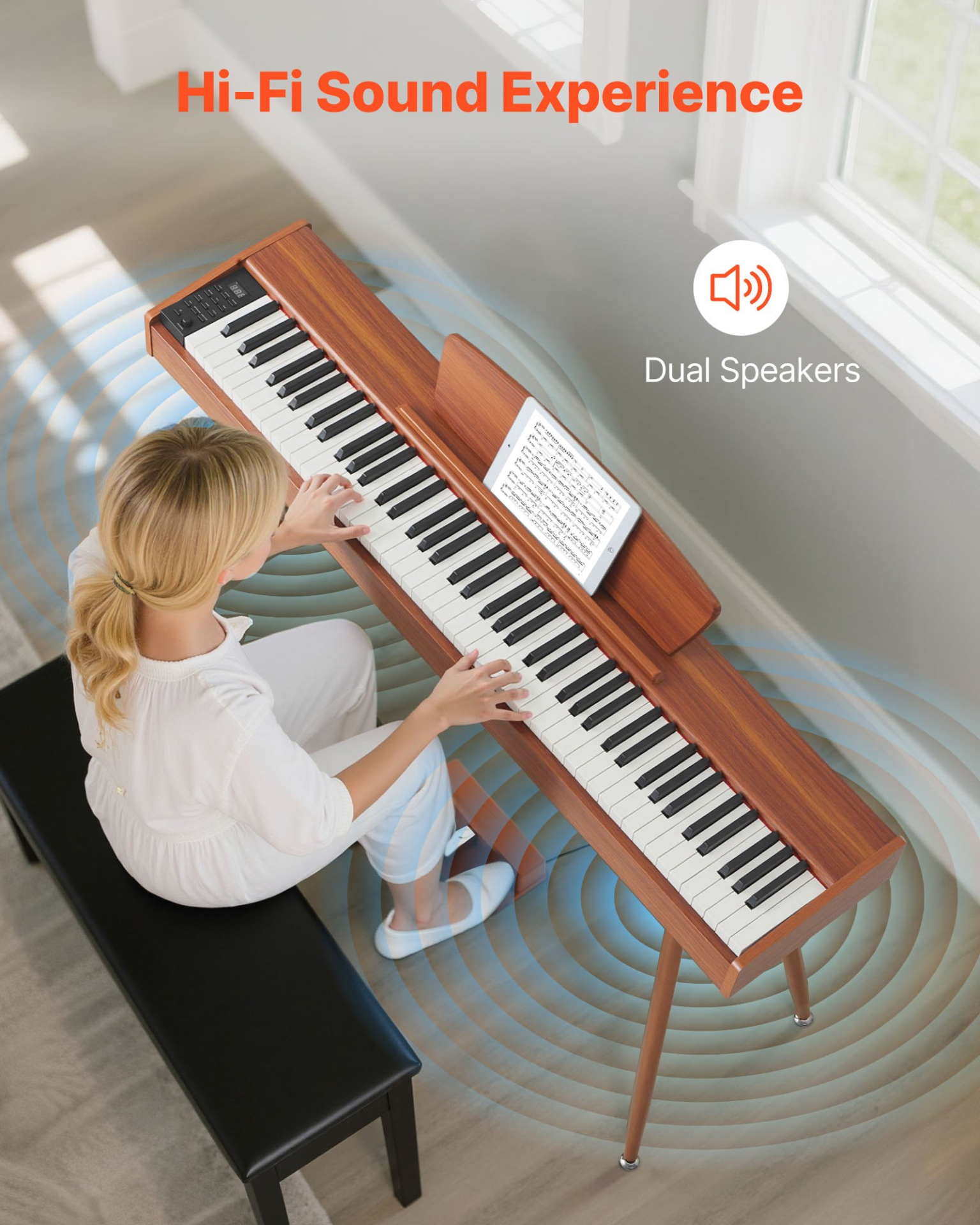 Start2Finish VEVOR weighted digital piano with 88 keys, sheet music stand, triple pedal, and wireless support in wood finish.