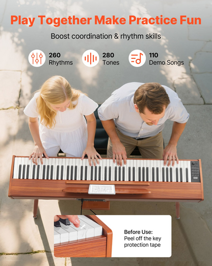 Start2Finish VEVOR 88-key weighted digital piano with sheet music stand, triple pedal, wood finish, and 280 tones for beginners.