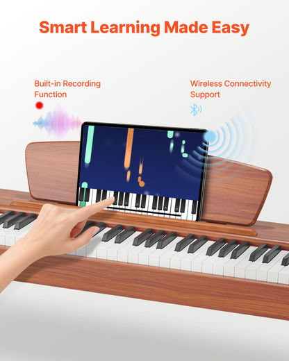 Start2Finish VEVOR weighted digital piano with 88 keys, sheet music stand, triple pedal, and wood finish, suitable for beginners