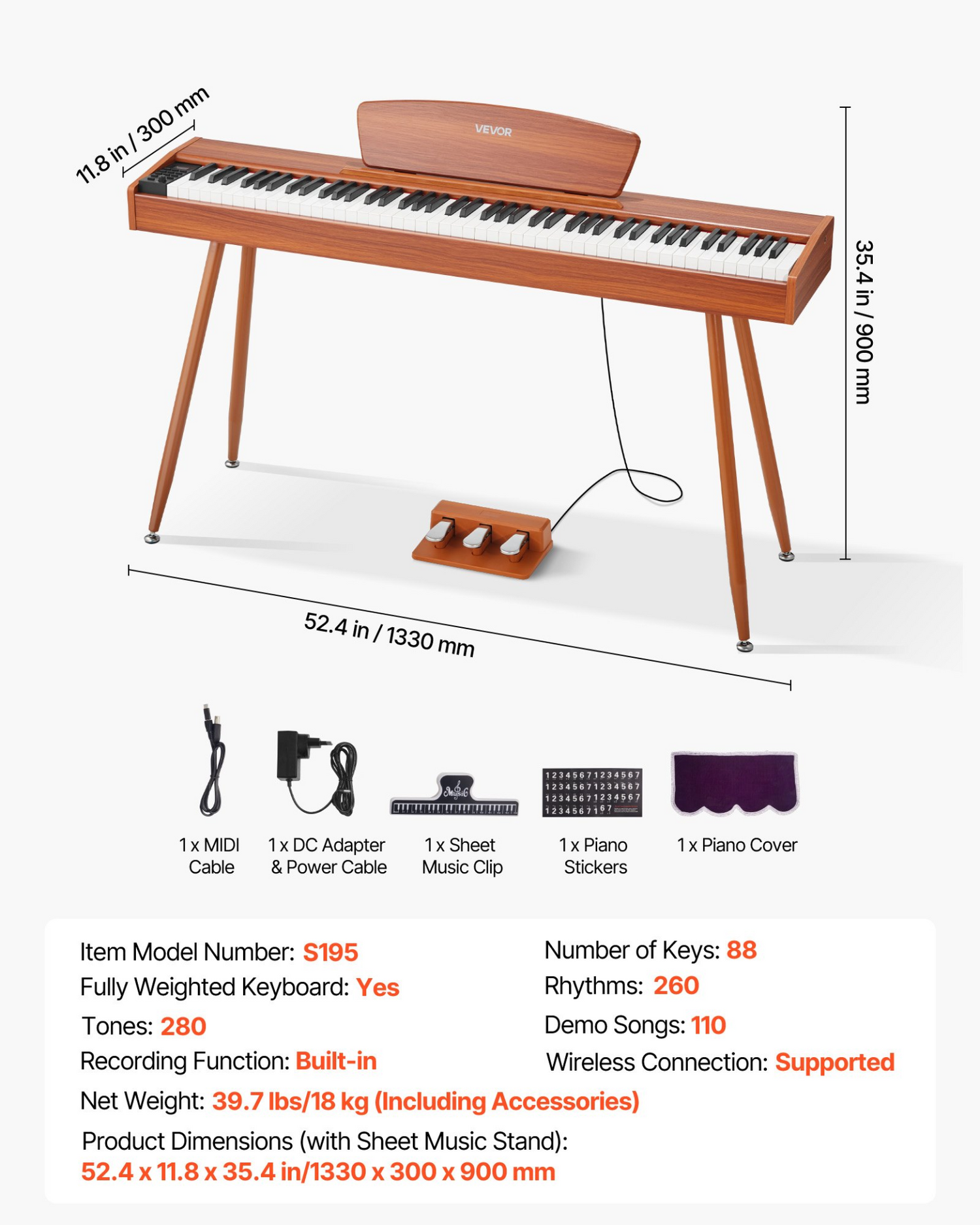 Start2Finish VEVOR 88-key weighted digital piano with sheet music stand, triple pedal, power adapter, 280 tones, wood finish, wireless support.