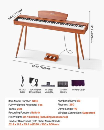 Start2Finish VEVOR 88-key weighted digital piano with sheet music stand, triple pedal, power adapter, 280 tones, wood finish, wireless support.