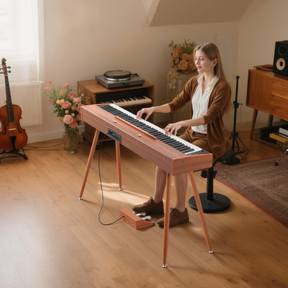 Start2Finish VEVOR 88-key weighted digital piano with sheet music stand, triple pedal, power adapter, wood finish, and wireless support.