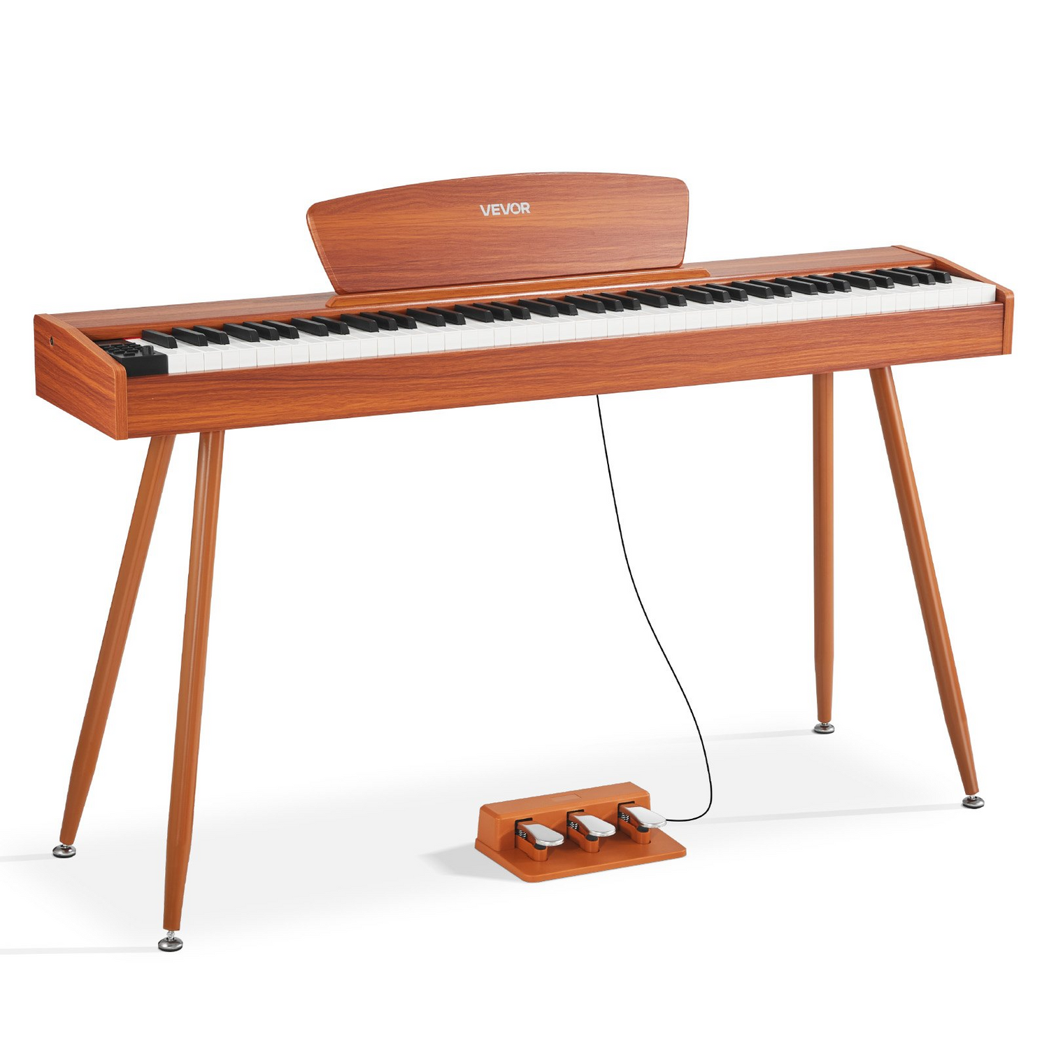 Start2Finish VEVOR digital piano with 88 fully weighted keys, sheet music stand, triple pedal, and wood finish.