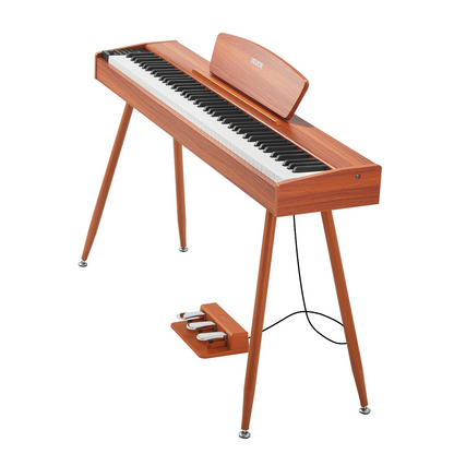 Start2Finish weighted digital piano with 88 keys, wood finish, sheet music stand, triple pedal, and wireless connectivity.
