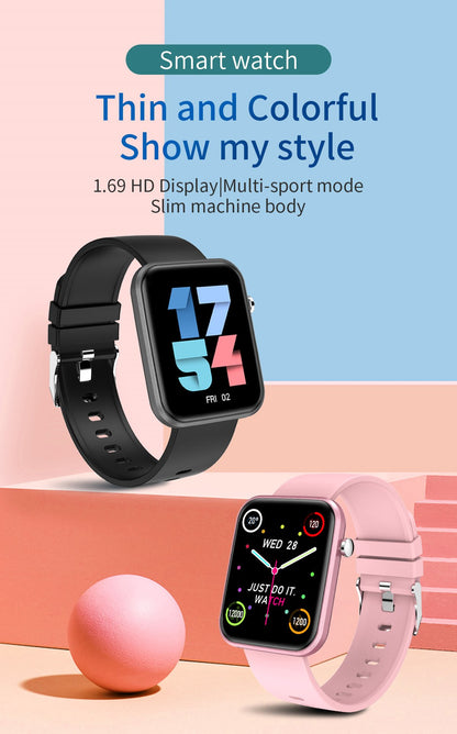 Salmon Lucky advanced smartwatch with three interchangeable bands and wellness activity tracker on a white background.