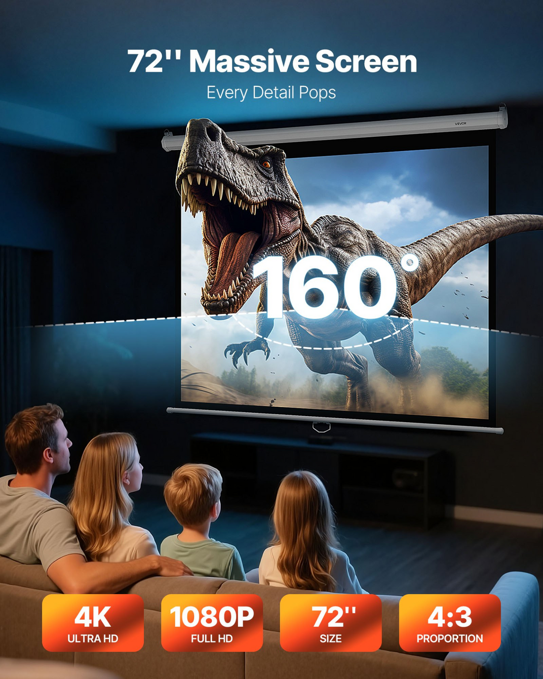 Start2Finish VEVOR 72-inch retractable projector screen with pull rope, wall-mounted, ideal for home theater and office projection.