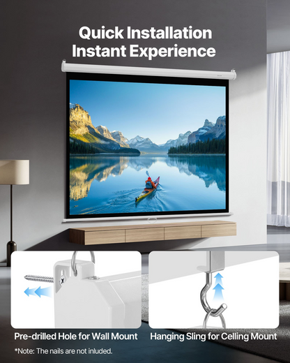 Start2Finish 72-inch manual projector screen with pull-down design, wall-mounted for home theater and office projection.