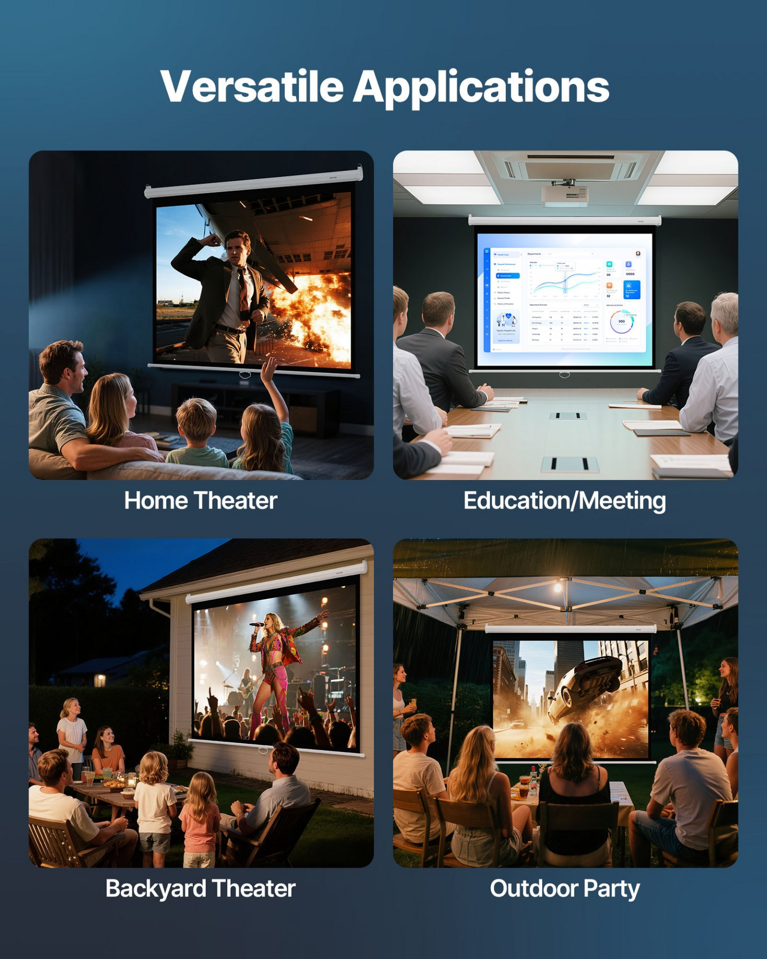 Start2Finish VEVOR 72-inch manual projector screen, wall-mounted retractable display for home theater or office projection.