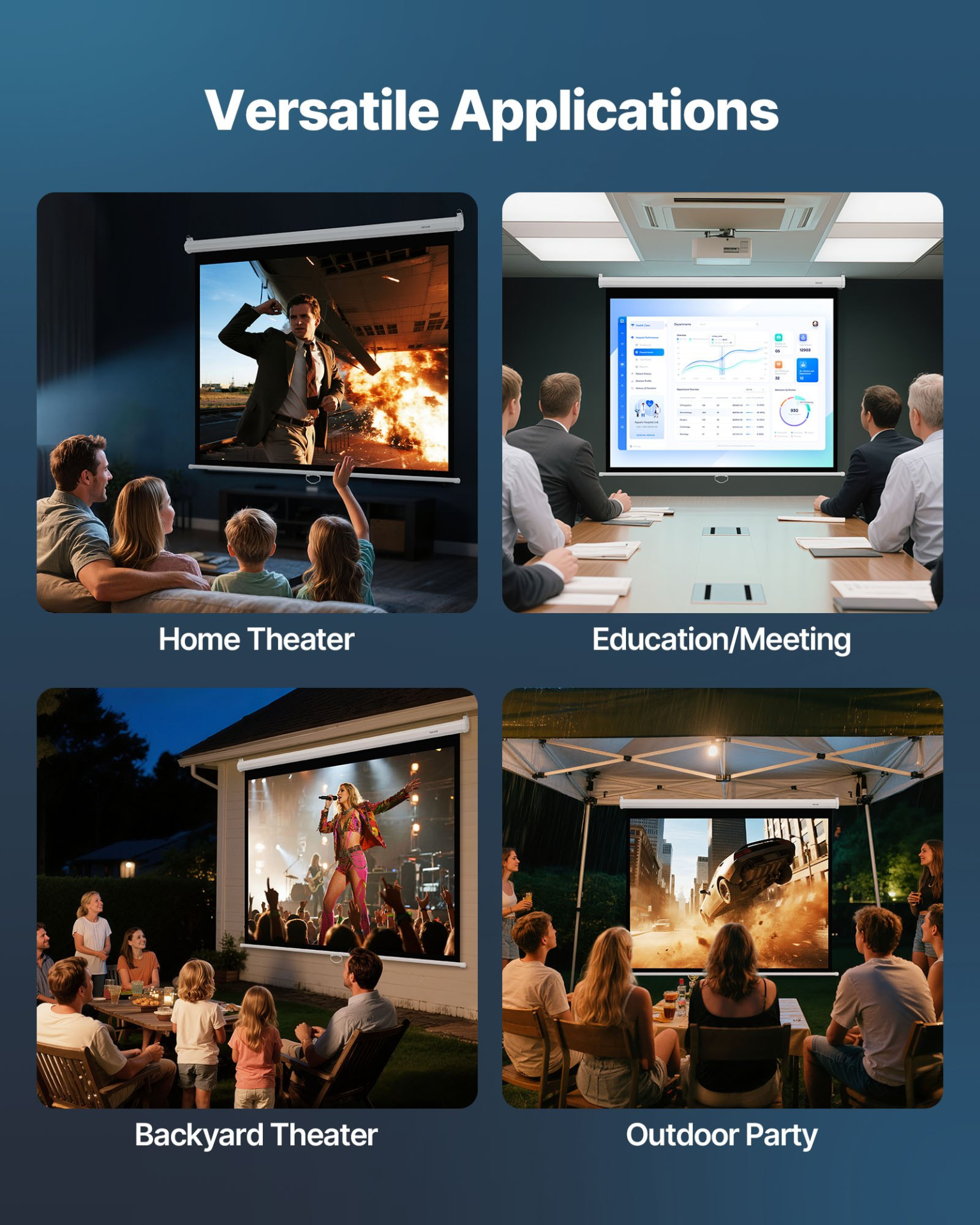 Start2Finish VEVOR 72-inch manual projector screen, wall-mounted retractable display for home theater or office projection.