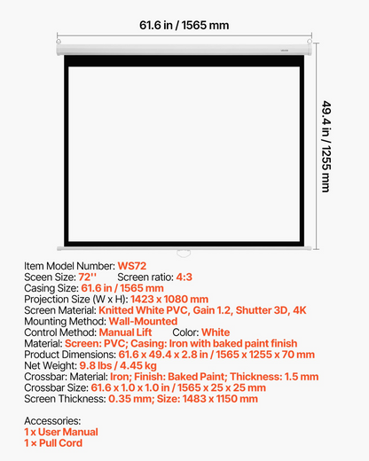 Start2Finish VEVOR 72-inch retractable projector screen with pull rope, wall-mounted for home theater, office, or family movie projection.