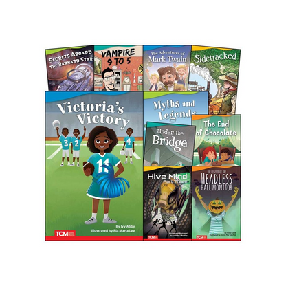 Set of 10 Grade 5 literary text books from Start2Finish, featuring colorful covers and engaging educational content.