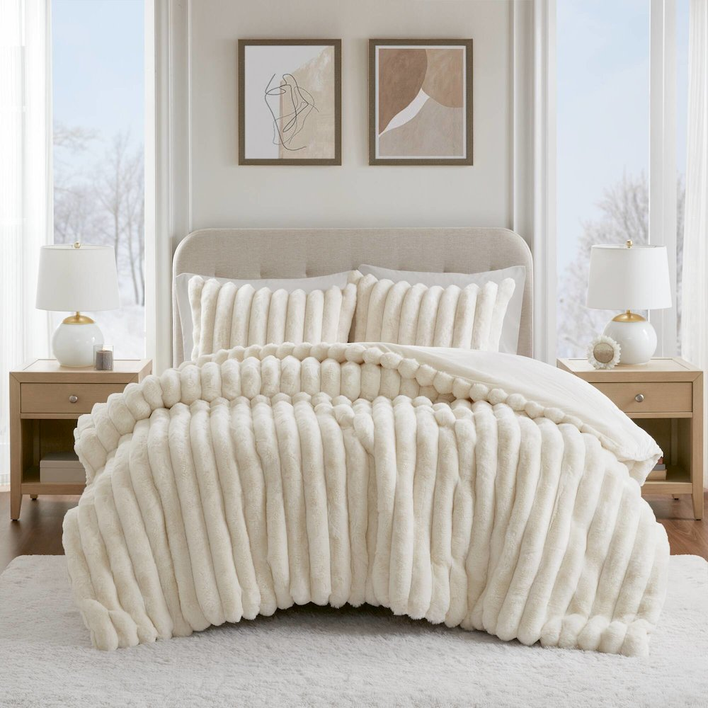 Ivory Jasmine Ultrasoft Faux Fur Ribbed Comforter Set by Start2Finish, showing plush faux fur texture and ribbed design on a cozy bed.