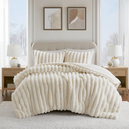 Ivory Jasmine Ultrasoft Faux Fur Ribbed Comforter Set by Start2Finish, showing plush faux fur texture and ribbed design on a cozy bed.