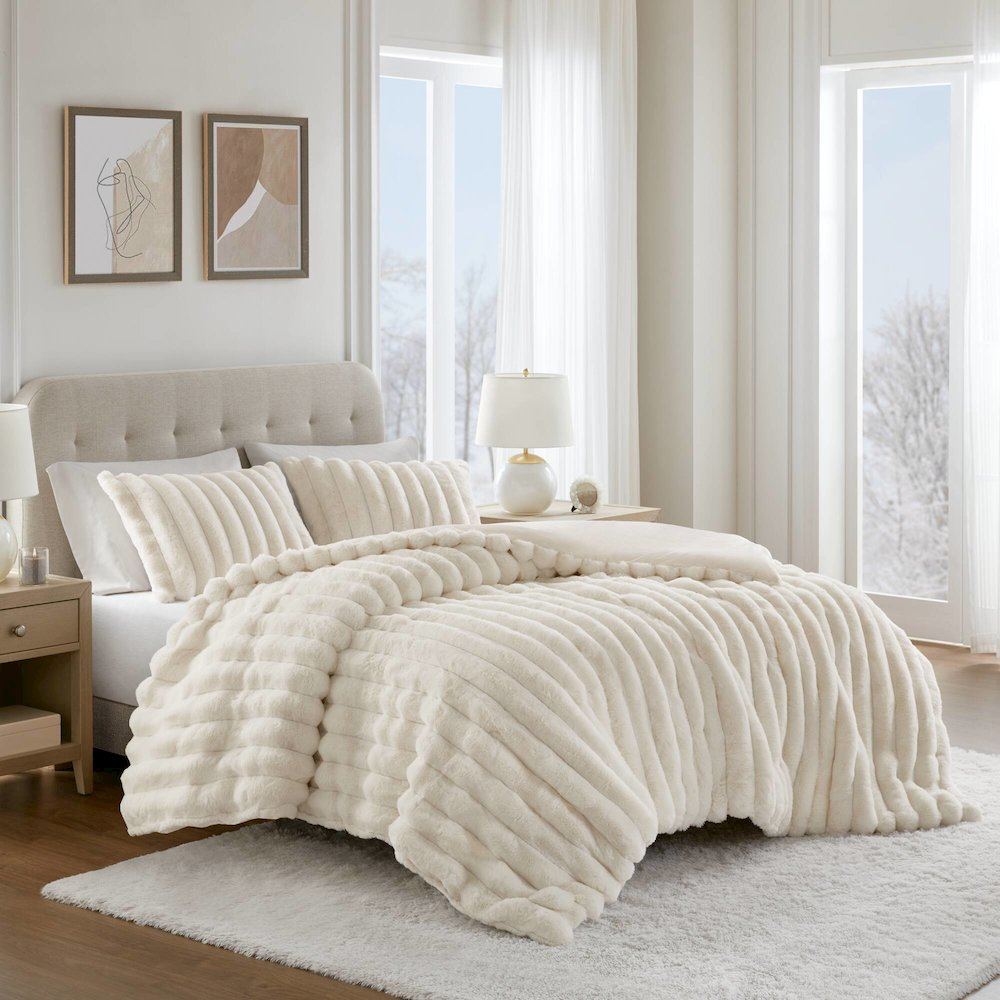 Jasmine Ultrasoft Ivory faux fur ribbed comforter set from Start2Finish, showing plush fabric and cozy, textured design.