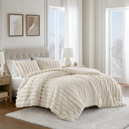 Jasmine Ultrasoft Ivory faux fur ribbed comforter set from Start2Finish, showing plush fabric and cozy, textured design.