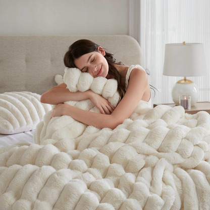 Ivory Jasmine Ultrasoft faux fur ribbed comforter set by Start2Finish, showing plush, textured fabric and cozy bedding design.