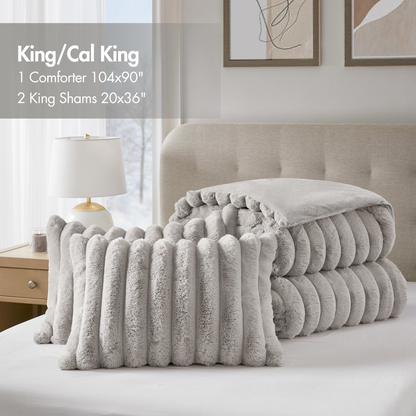 Start2Finish Jasmine ultrasoft faux fur comforter set in light gray with ribbed texture, cozy and plush bedding for bedroom decor.