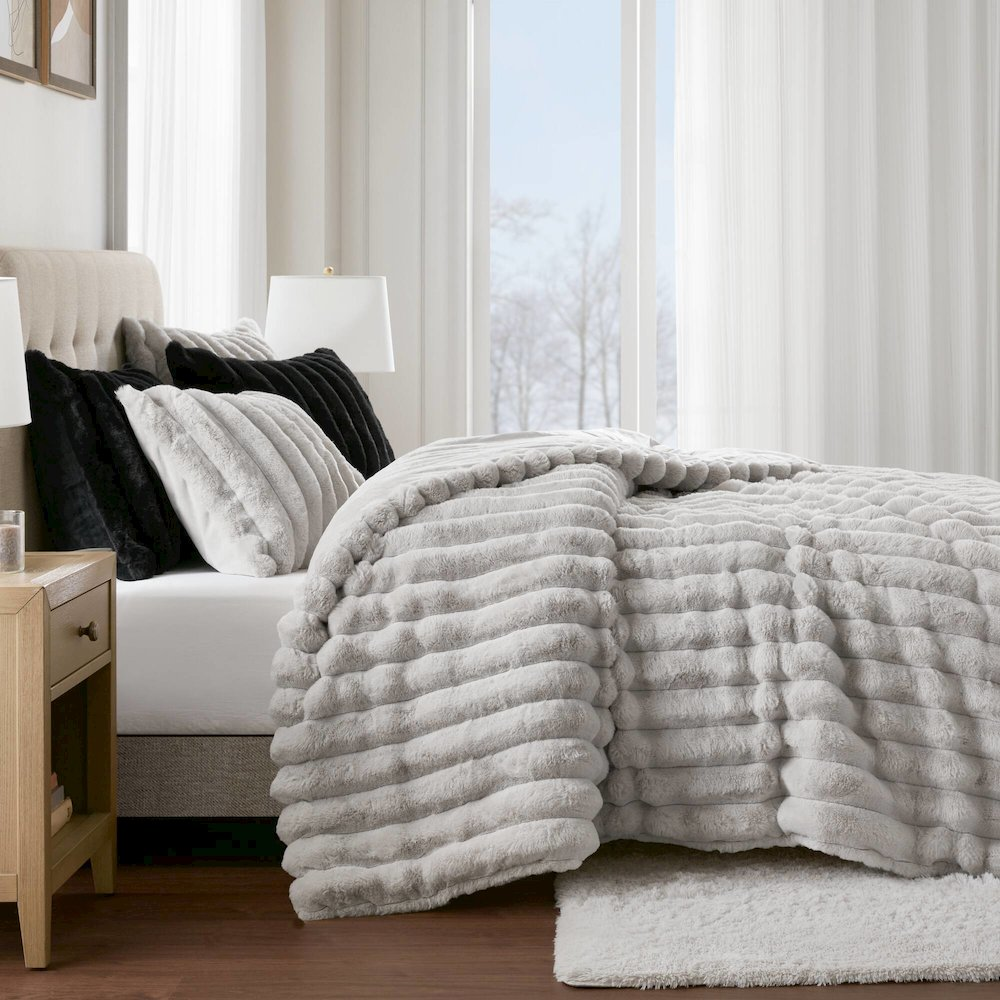 Light gray Jasmine Ultrasoft Faux Fur Ribbed Comforter Set by Start2Finish, showing plush faux fur fabric and ribbed texture.