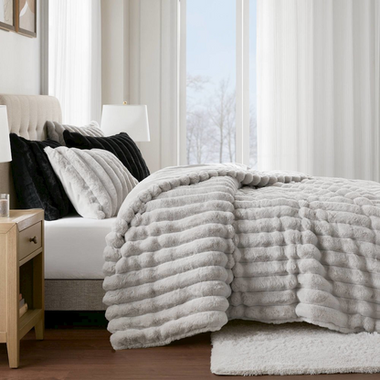 Light gray Jasmine Ultrasoft Faux Fur Ribbed Comforter Set by Start2Finish, showing plush faux fur fabric and ribbed texture.