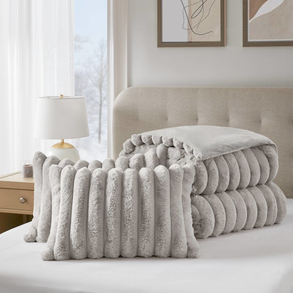 Light gray Jasmine Ultrasoft faux fur comforter set from Start2Finish, featuring ribbed texture and plush, cozy bedding.