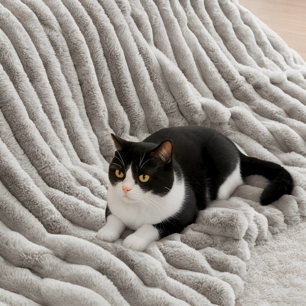 Light gray Jasmine Ultrasoft faux fur ribbed comforter set from Start2Finish, showing plush texture and cozy bedding design.