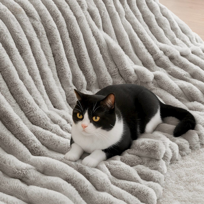 Light gray Jasmine Ultrasoft faux fur ribbed comforter set from Start2Finish, showing plush texture and cozy bedding design.