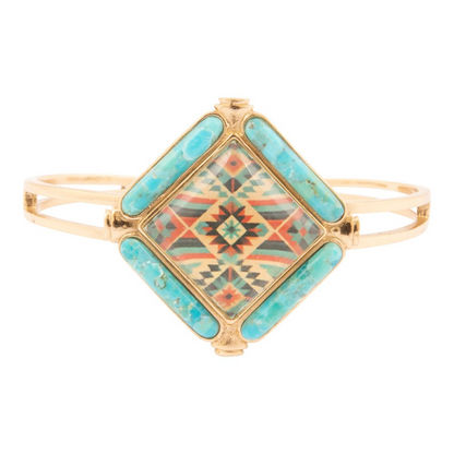 Scenic Native Weave Blue Turquoise and Golden Cuff Bracelet by Start2Finish, showcasing intricate woven jewelry design.