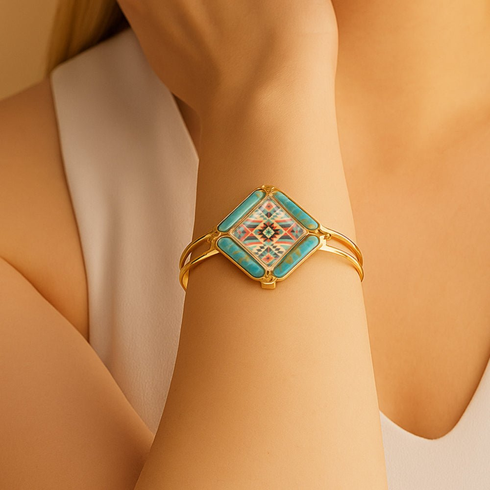 Scenic Native Weave blue turquoise and golden cuff bracelet by Start2Finish, featuring intricate woven jewelry design with vibrant colors.