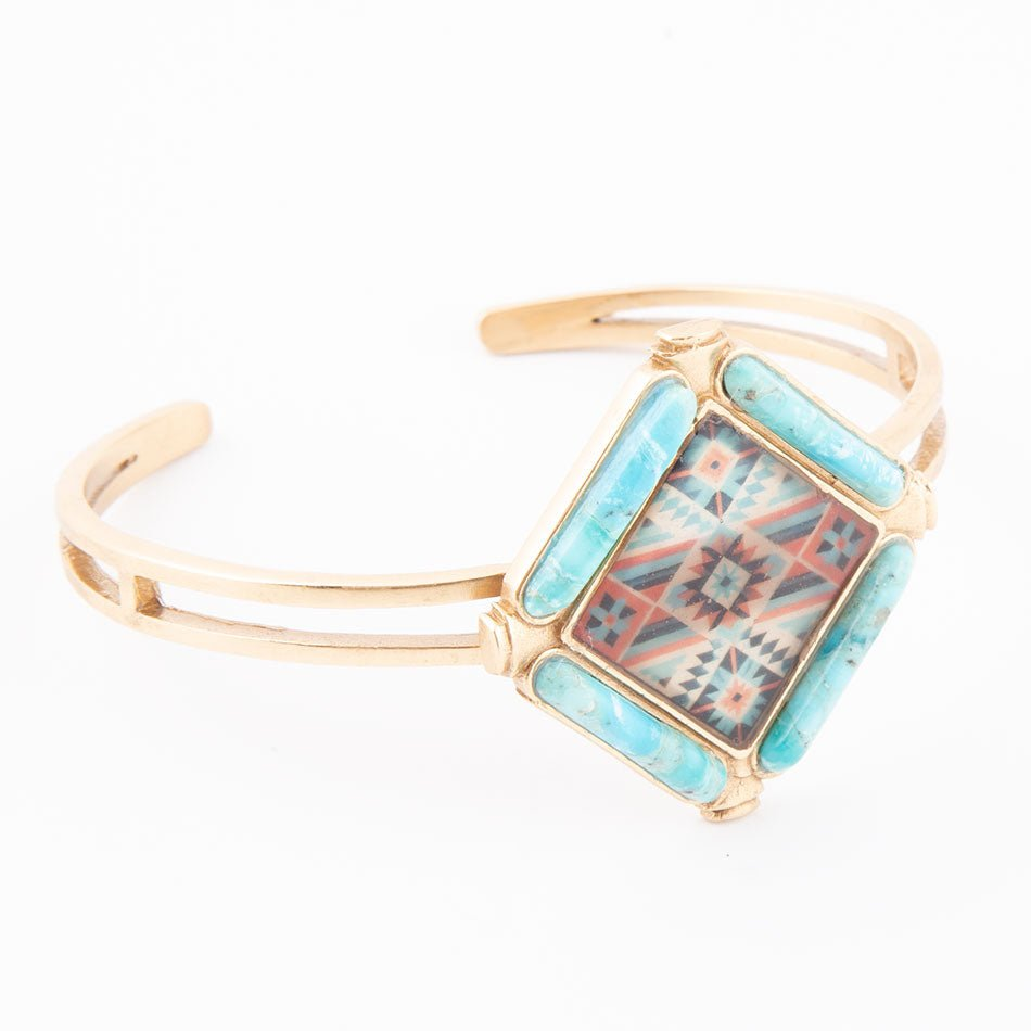 Scenic Native Weave Blue Turquoise and Gold Cuff Bracelet by Start2Finish featuring intricate woven jewelry design