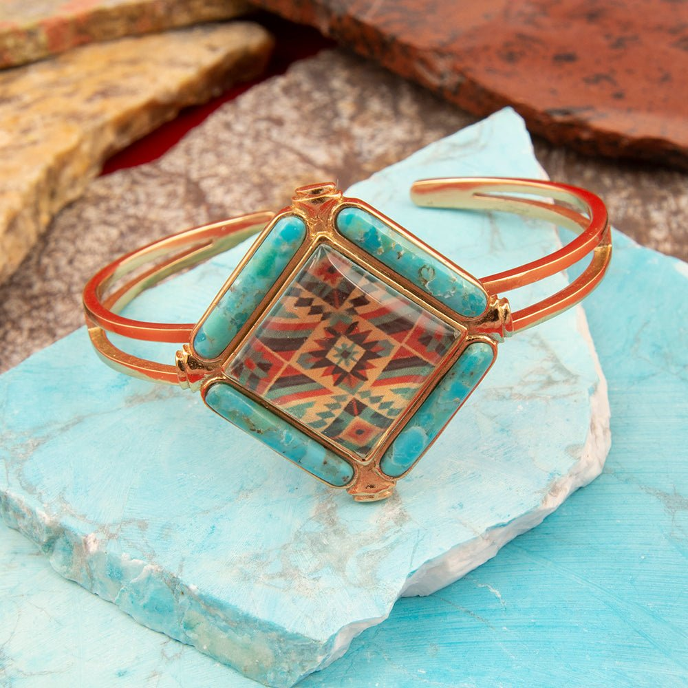 Scenic Native Weave blue turquoise and gold cuff bracelet from Start2Finish, featuring intricate woven jewelry design.