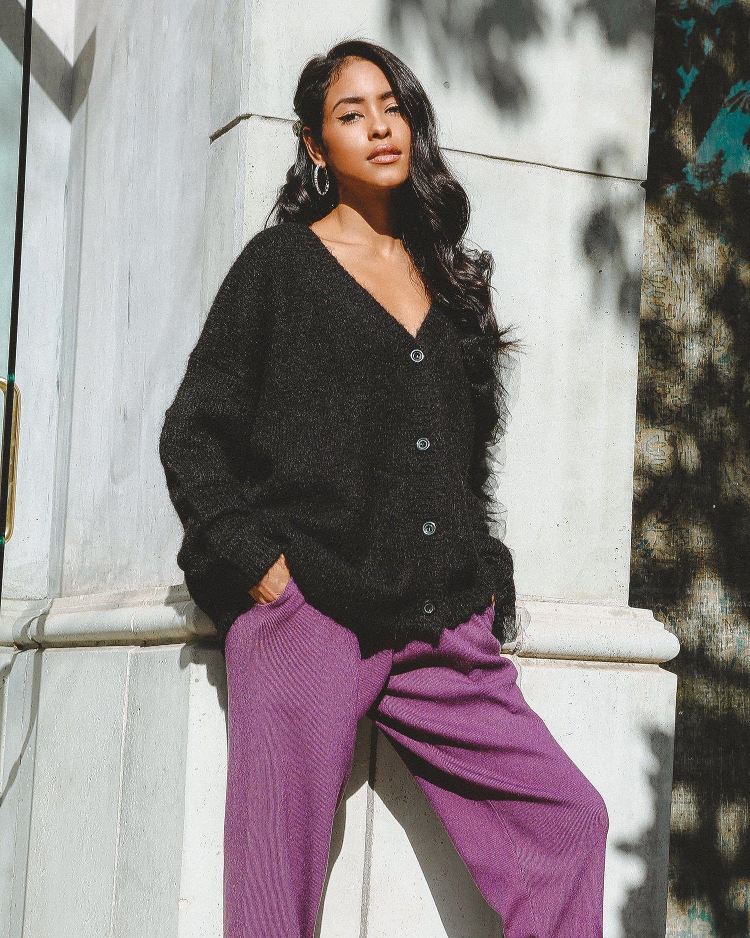 Azure Thanatos Collette wool blend cardigan, cozy sweater with button details, in a soft, neutral color.