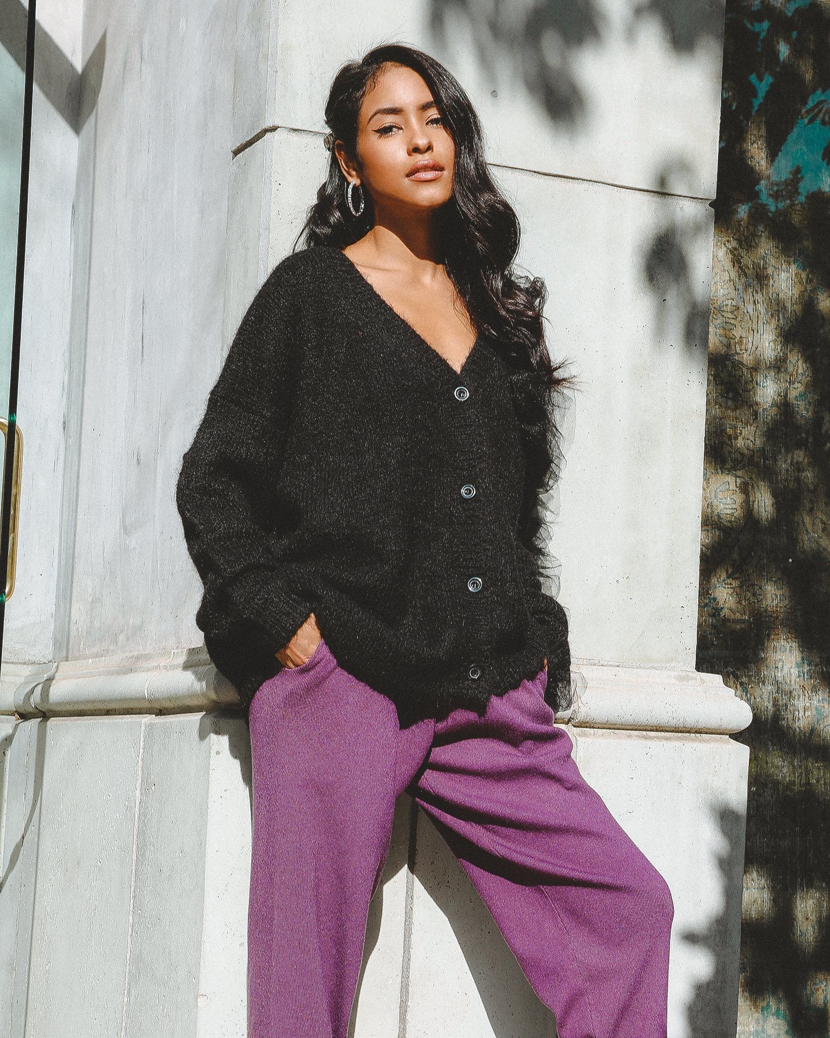 Azure Thanatos Collette wool blend cardigan, cozy sweater with button details, in a soft, neutral color.