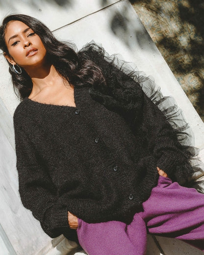 Azure Thanatos Collette wool blend cardigan, cream-colored sweater with button details, soft knit fabric, casual and stylish.