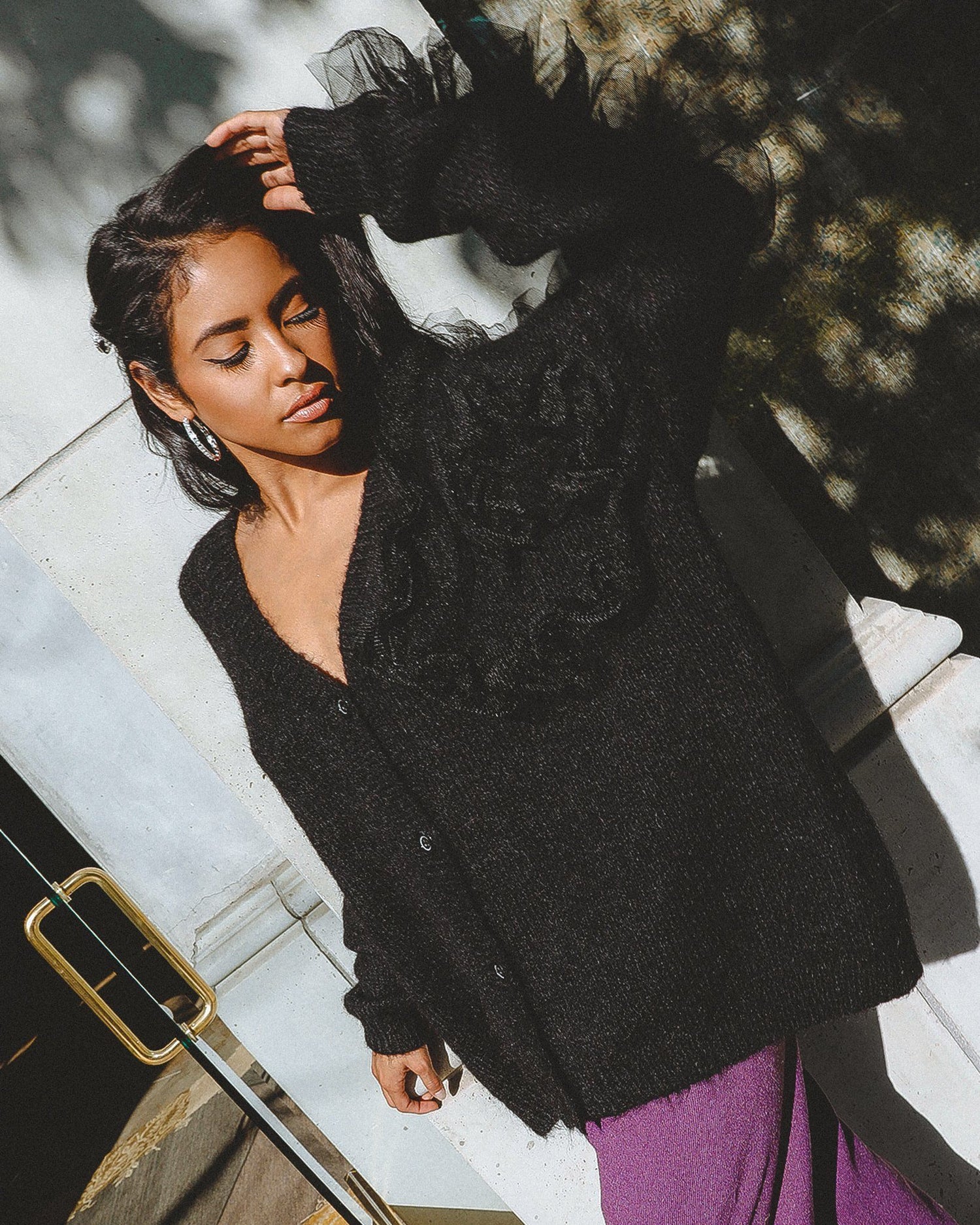 Azure Thanatos Collette wool blend cardigan, cozy sweater with button details and ribbed cuffs, in soft neutral tones.