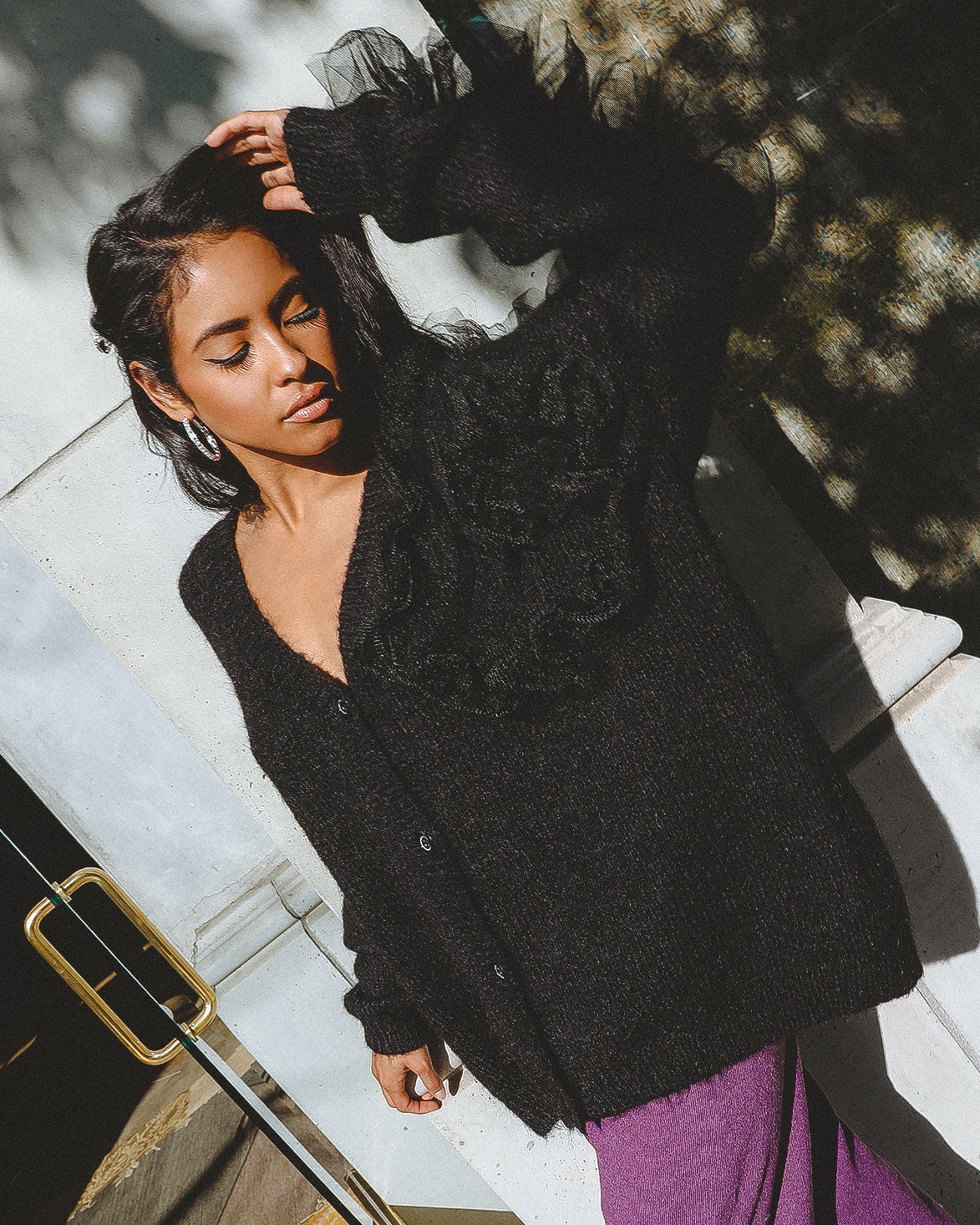 Azure Thanatos Collette wool blend cardigan, cozy sweater with button details and ribbed cuffs, in soft neutral tones.