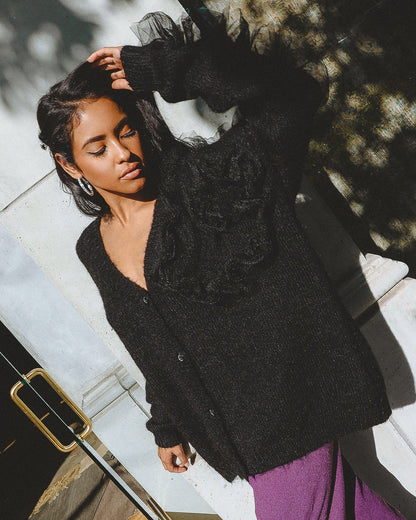 Azure Thanatos Collette wool blend cardigan, cozy sweater with button details and ribbed cuffs, in soft neutral tones.