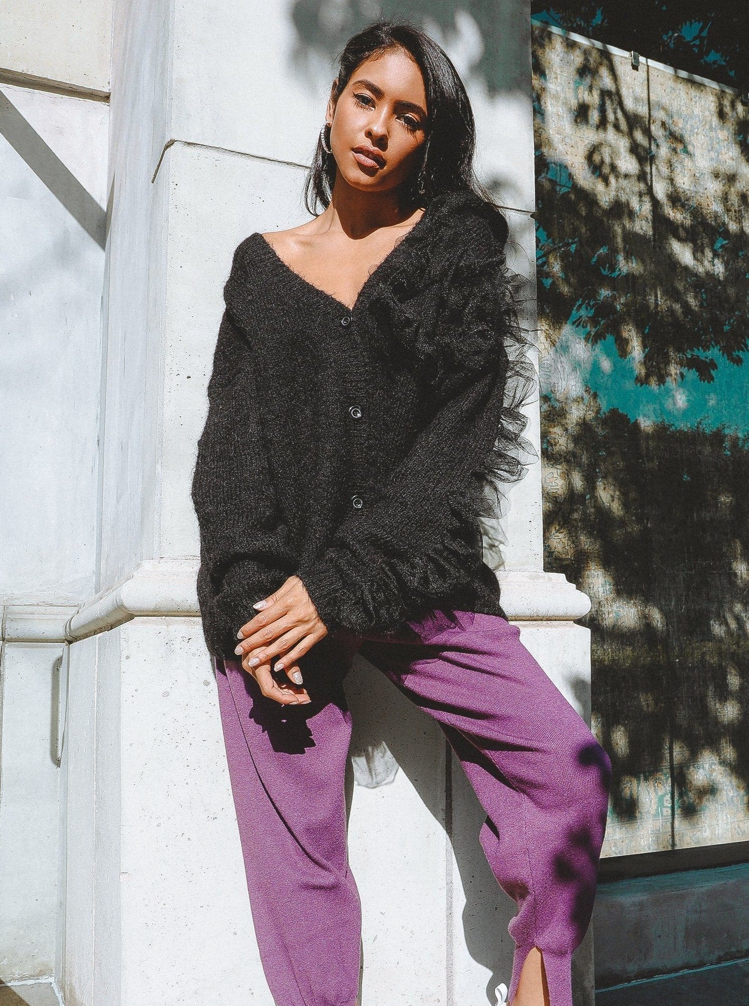 Azure Thanatos Collette wool blend cardigan, cozy sweater with button front, in soft neutral tones, perfect for layering and casual wear.